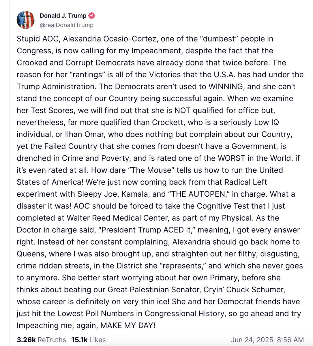 Trump demeans three women of color members of Congress as stupid, disses Chuck Schumer as a Palestinian, and calls Queens filthy, disgusting, crime ridden